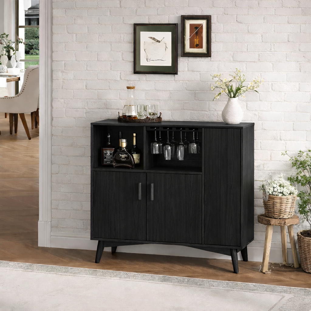 Handcrafted Solid Oak Wine Cabinet Scandinavian Bar Sideboard with Glass Rack Storage Display
