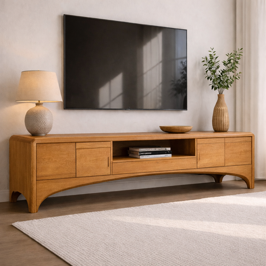 Solid Wood TV Cabinet with Drawers and Open Shelf