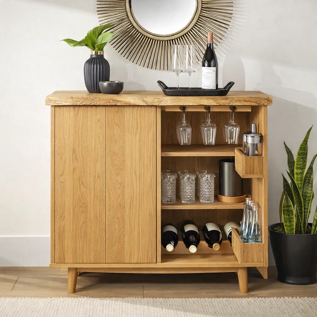 Solid Wood Wine Cabinet with Glass Holder and Home Bar Storage