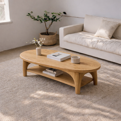 Handcrafted Solid Wood Coffee Table – Oval Modern Center Table with Shelf Kitchnce