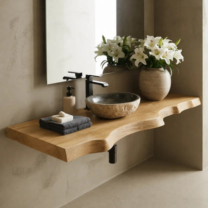 Live Edge Floating Vanity Shelf | Solid Wood Wall-Mounted Bathroom Counter Kitchnce