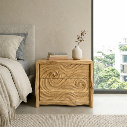 Hand-Carved Wave Wood Nightstand | Organic Modern Bedside Table