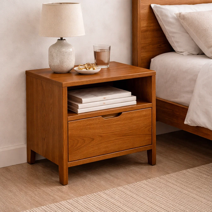 Solid Wood End Table with Drawer and Open Shelf – Modern Bedside Nightstand