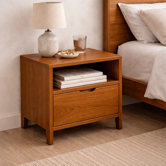 Solid Wood End Table with Drawer and Open Shelf – Modern Bedside Nightstand