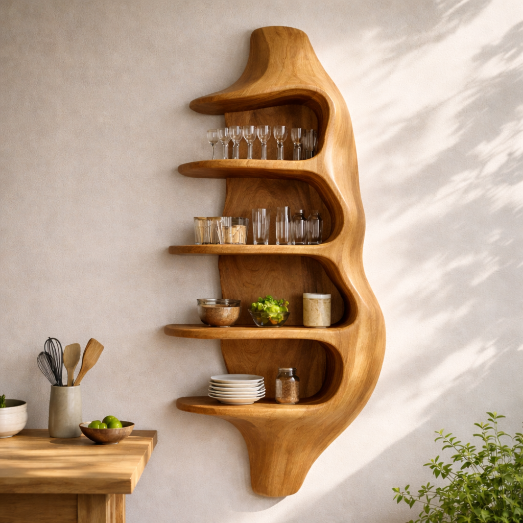 Solid Walnut Wall Mounted Kitchen Cabinet Shelf – Organic Curved Wooden Storage Display