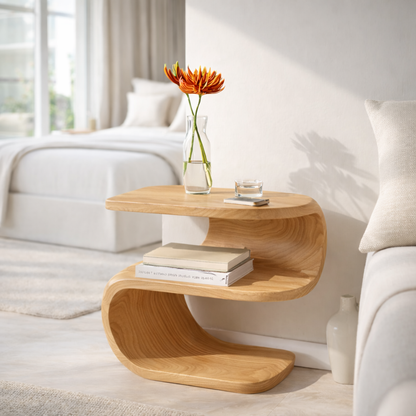 Solid Wood Nightstand with Curved Design – Modern Bedside Table with Storage