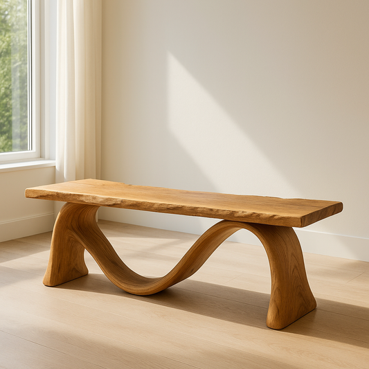 Handcrafted Solid Wood Bench – Sculptural Wave Design with Natural Live Edge Finish Kitchnce