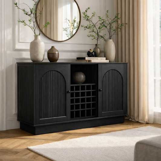 Arched Slatted Wood Wine Cabinet with Bottle Rack Modern Bar Storage