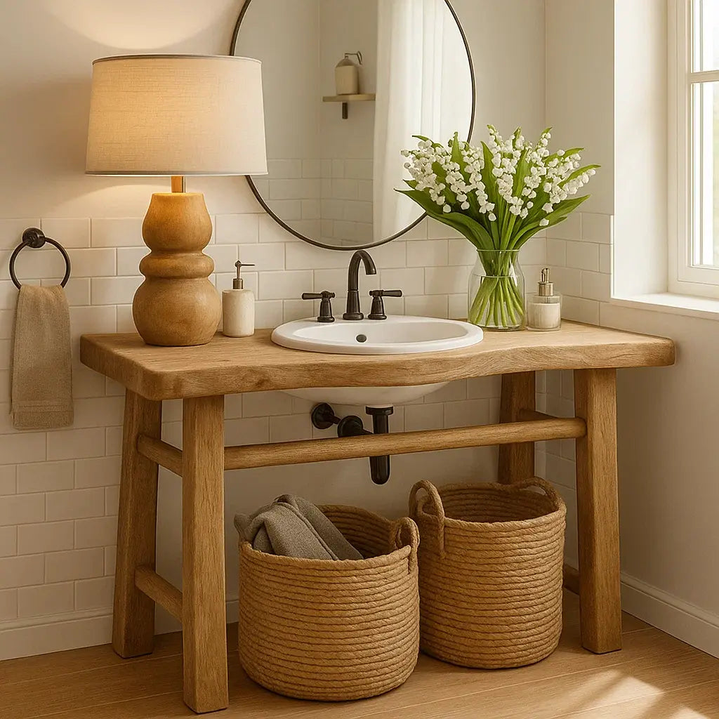 Handcrafted Solid Wood Bathroom Vanity with Minimalist Design and Natural Finish for Modern Spaces Kitchnce