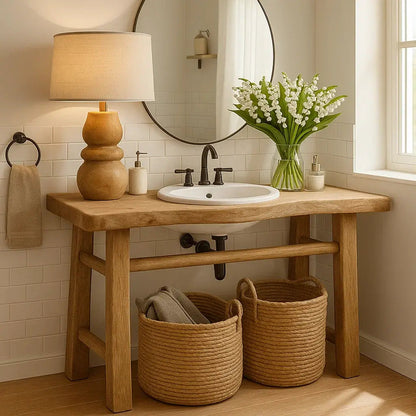 Handcrafted Solid Wood Bathroom Vanity with Minimalist Design and Natural Finish for Modern Spaces Kitchnce