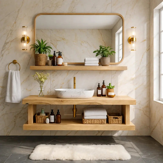 Floating Bathroom Vanity with Natural Wood Shelf Storage and Modern Wall Mounted Design Kitchnce