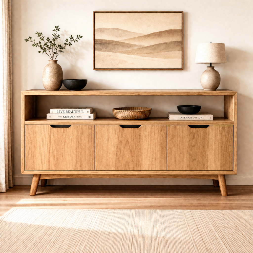 Solid Wood Console Cabinet with Open Shelf and 3 Doors – Modern Entryway Storage