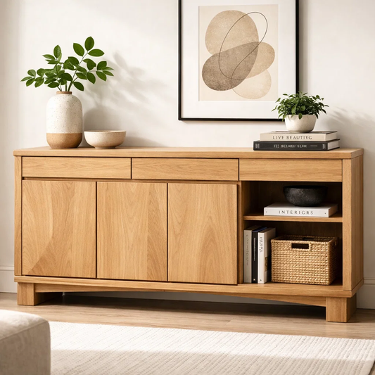Solid Wood Console Cabinet with Drawers and Open Shelf – Modern Sideboard