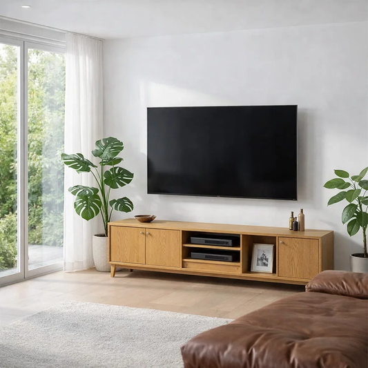 Solid Wood TV Console with Storage & Shelves – Modern Media Stand