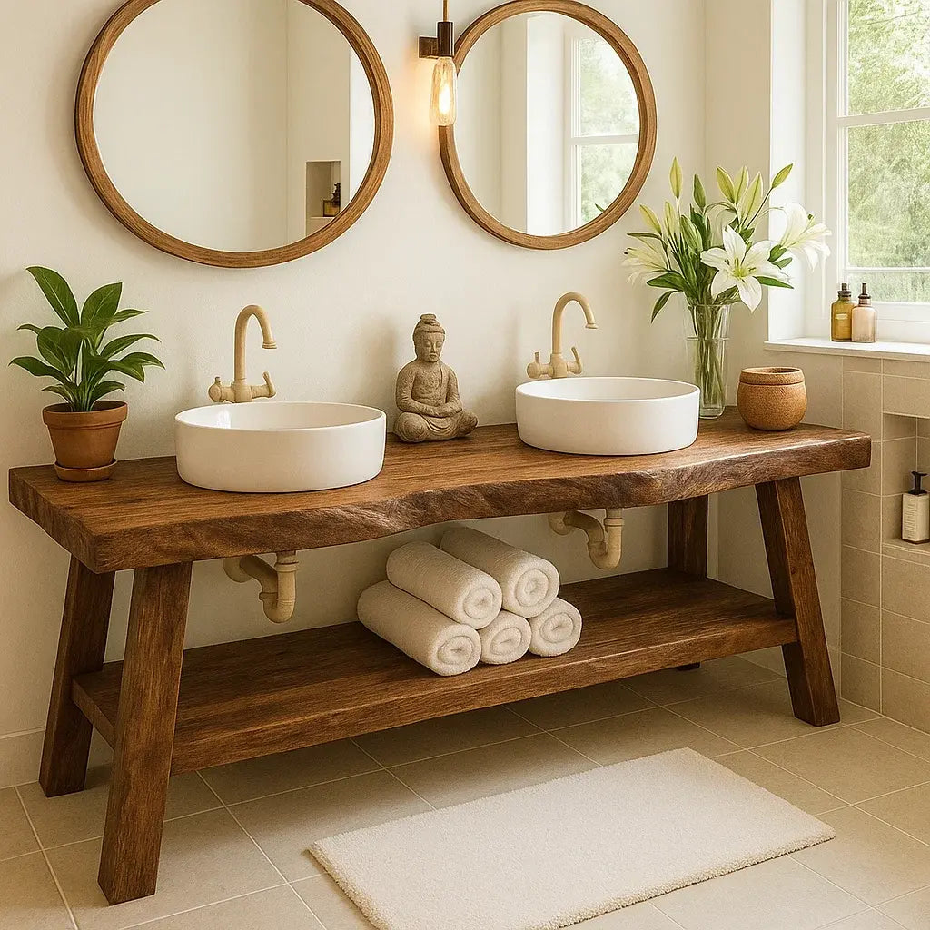 Handcrafted Double Solid Wood Bathroom Vanity with Drawers and Slatted Shelf for Modern Homes Kitchnce