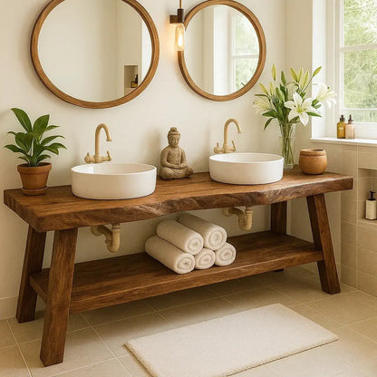 Handcrafted Double Solid Wood Bathroom Vanity with Drawers and Slatted Shelf for Modern Homes Kitchnce
