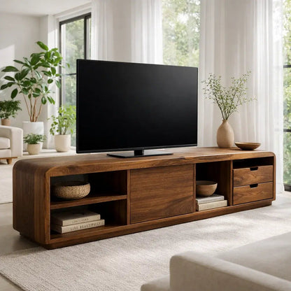 Solid Wood TV Cabinet with Rounded Edges – Modern Walnut Media Console Kitchnce