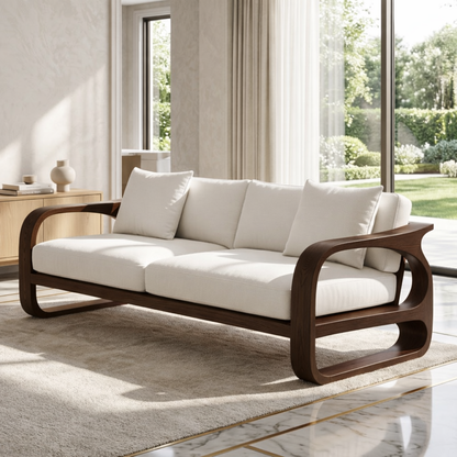 Modern Sculptural Solid Wood Sofa with White Fabric Cushions Luxury Scandi Couch