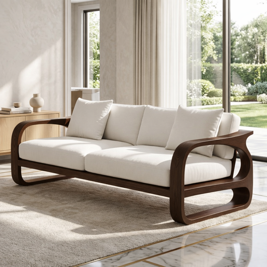 Modern Sculptural Solid Wood Sofa with White Fabric Cushions Luxury Scandi Couch