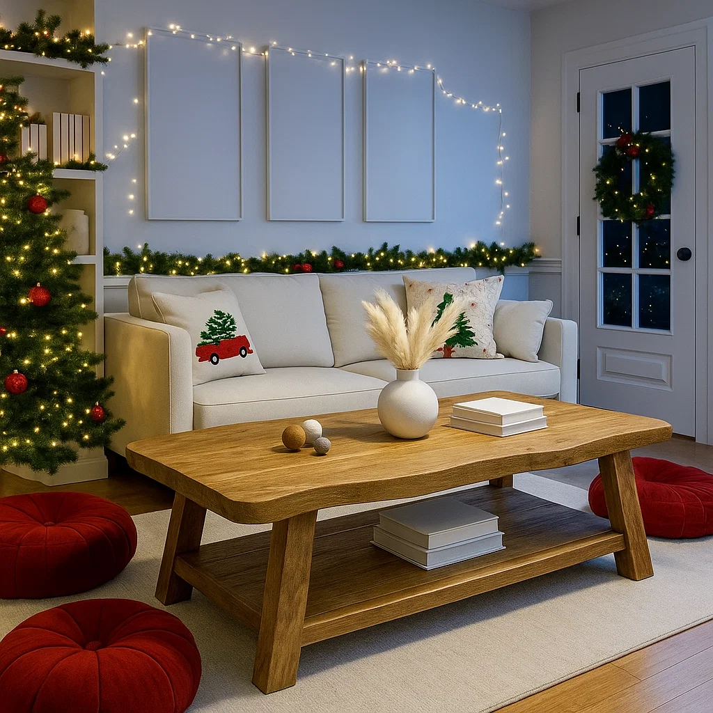 Handcrafted Solid Wood Coffee Table with Live Edge Design – Rustic Modern Center Table with Bottom Shelf for Cozy Holiday Living Rooms Kitchnce
