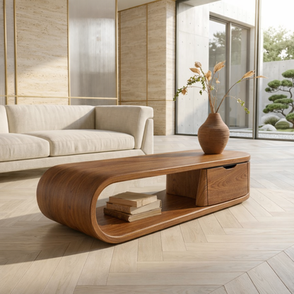 Modern Storage Coffee Table with Drawer and Open Shelf, Minimalist Living Room Table