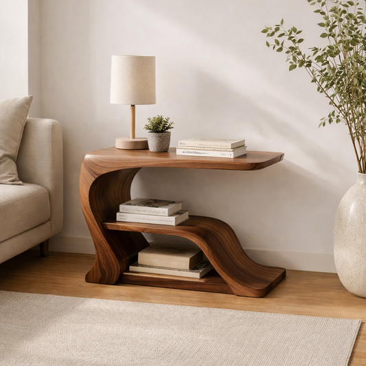 Solid Wood Curved End Table with Storage Shelf – Modern Sculptural Side Table for Living Room Kitchnce