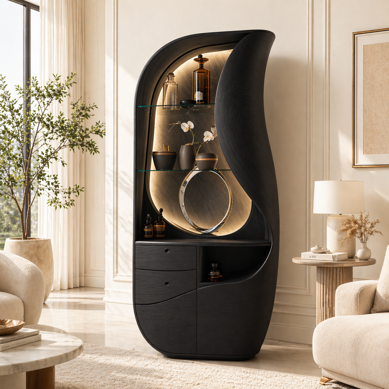 Sculptural Bar Cabinet Modern Display Shelves Accent Storage Cabinet Statement Furniture
