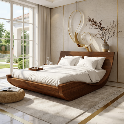 Modern Curved Platform Bed Frame, Luxury Minimalist Bedroom Furniture Design
