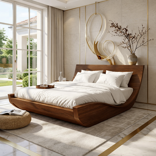 Modern Curved Platform Bed Frame, Luxury Minimalist Bedroom Furniture Design