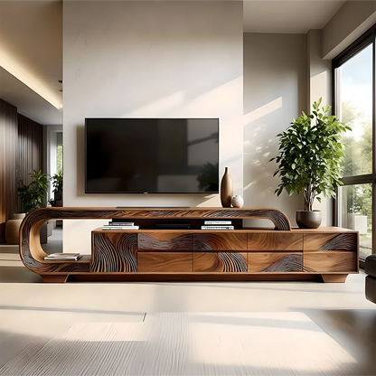 Solid Wood TV Stand Modern Walnut Media Console with Sculptural Curve Design