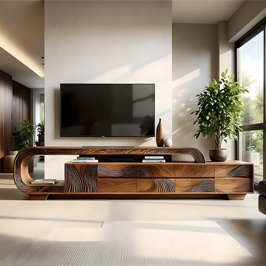 Solid Wood TV Stand Modern Walnut Media Console with Sculptural Curve Design