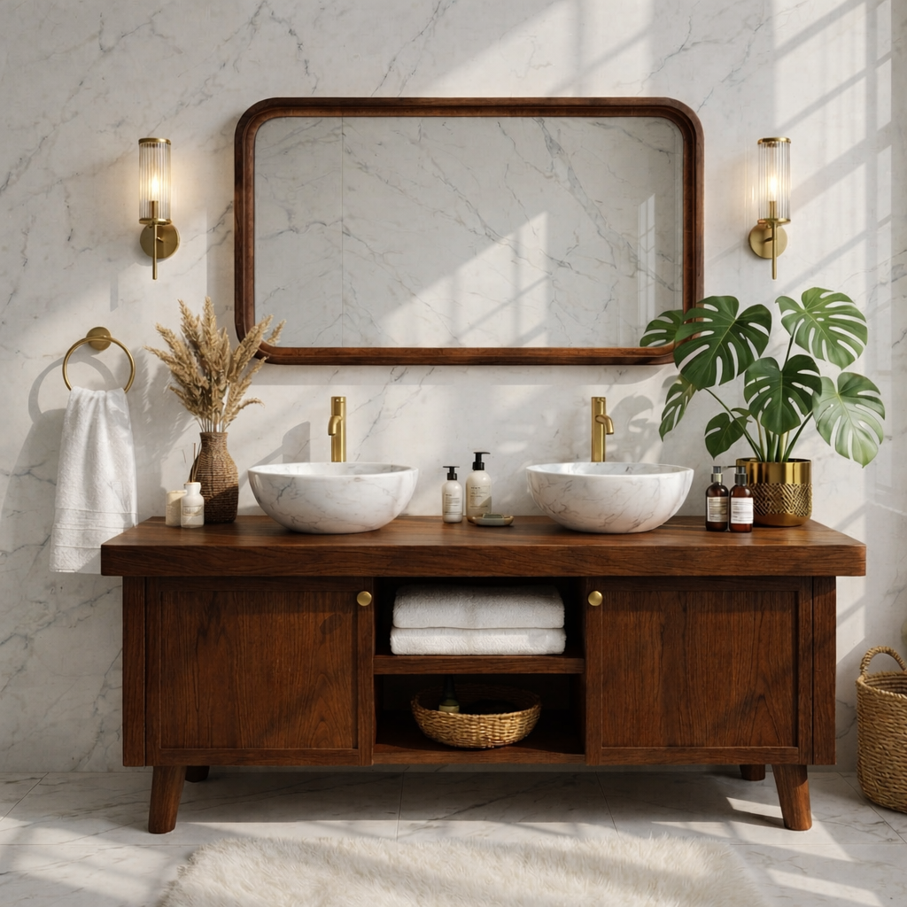 Stylish Wooden Double Sink Bathroom Vanity with Elegant Storage Kitchnce
