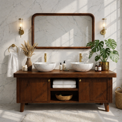 Stylish Wooden Double Sink Bathroom Vanity with Elegant Storage Kitchnce