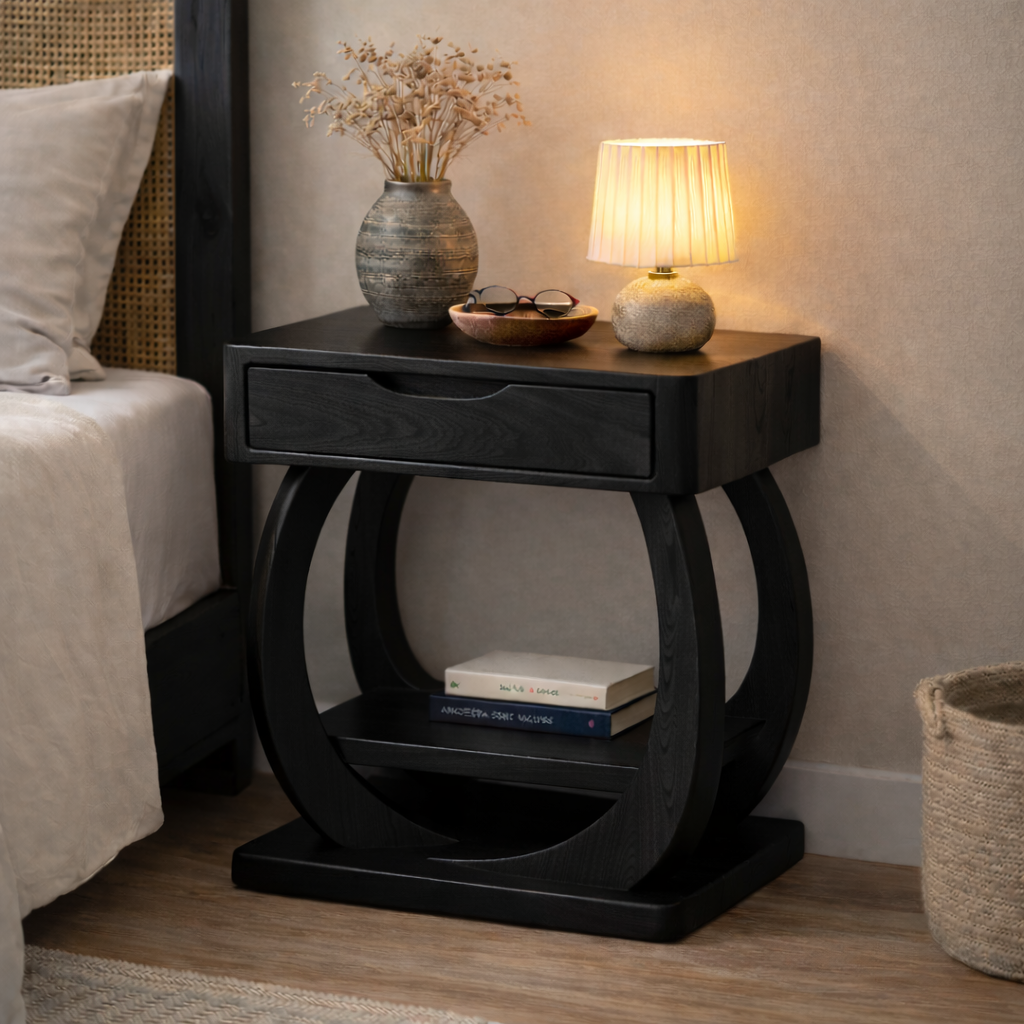 Solid Wood Nightstand with Drawer and Shelf – Modern Sculptural Bedside Table Kitchnce