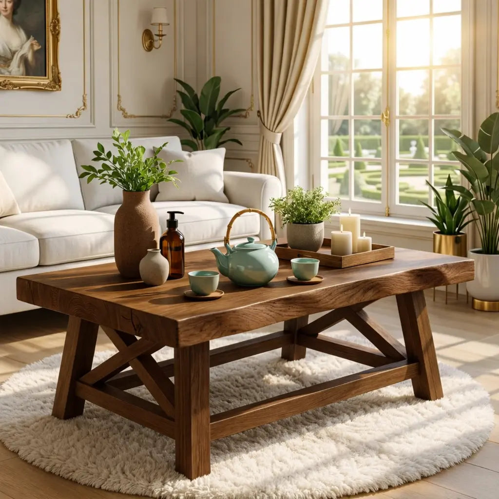 Handcrafted Wooden Coffee Table with X-Shaped Support, Natural Rustic Finish Kitchnce