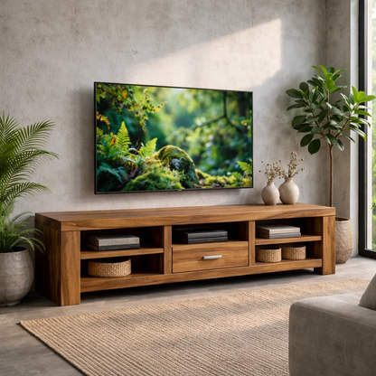 Solid Wood TV Stand with Open Shelves and Drawer – Modern Living Room Media Console Kitchnce