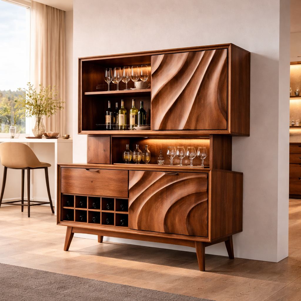 Solid Wood Bar Cabinet with Wine Rack & Sculpted Doors – Modern Mid Century Liquor Storage