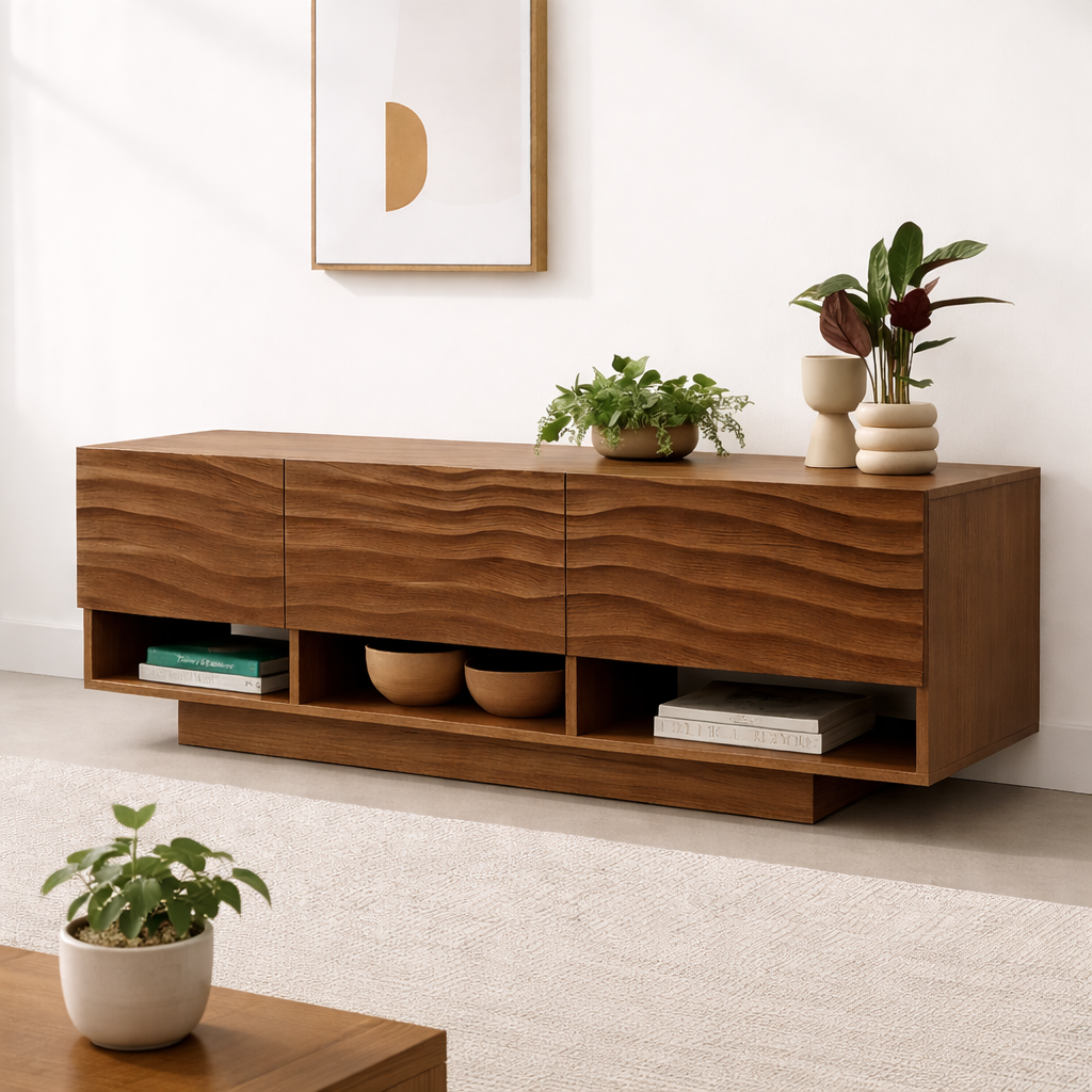 Modern Solid Wood Console Table, Minimalist Oak Media Console Cabinet with Storage Shelves Kitchnce
