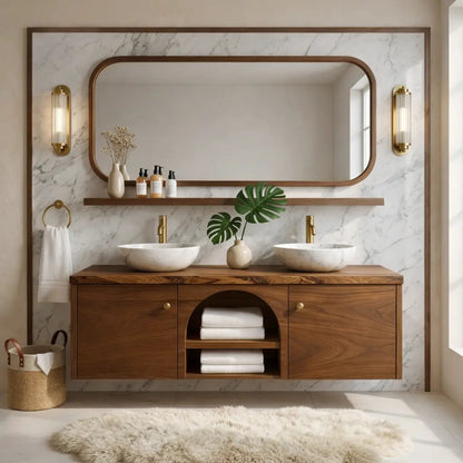 Double Sink Floating Vanity with Wooden Base and Elegant Gold Fixtures Kitchnce