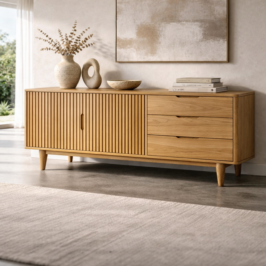 Fluted Solid Wood Console Cabinet with Drawers – Mid Century Storage Sideboard