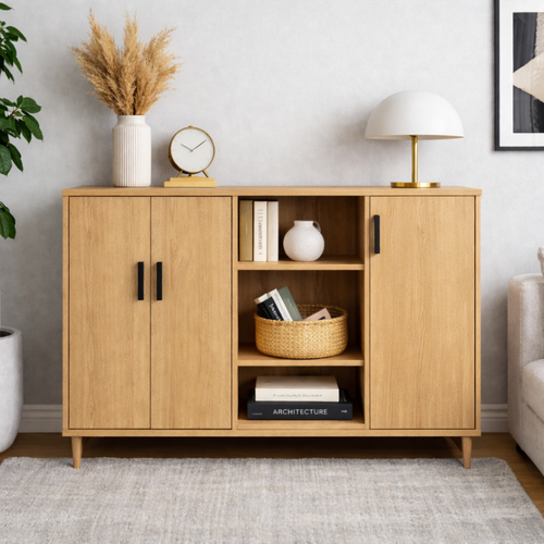 Solid Wood Console Cabinet with Double Doors & Open Shelf Storage – Modern Design