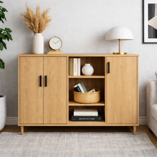 Solid Wood Console Cabinet with Double Doors & Open Shelf Storage – Modern Design