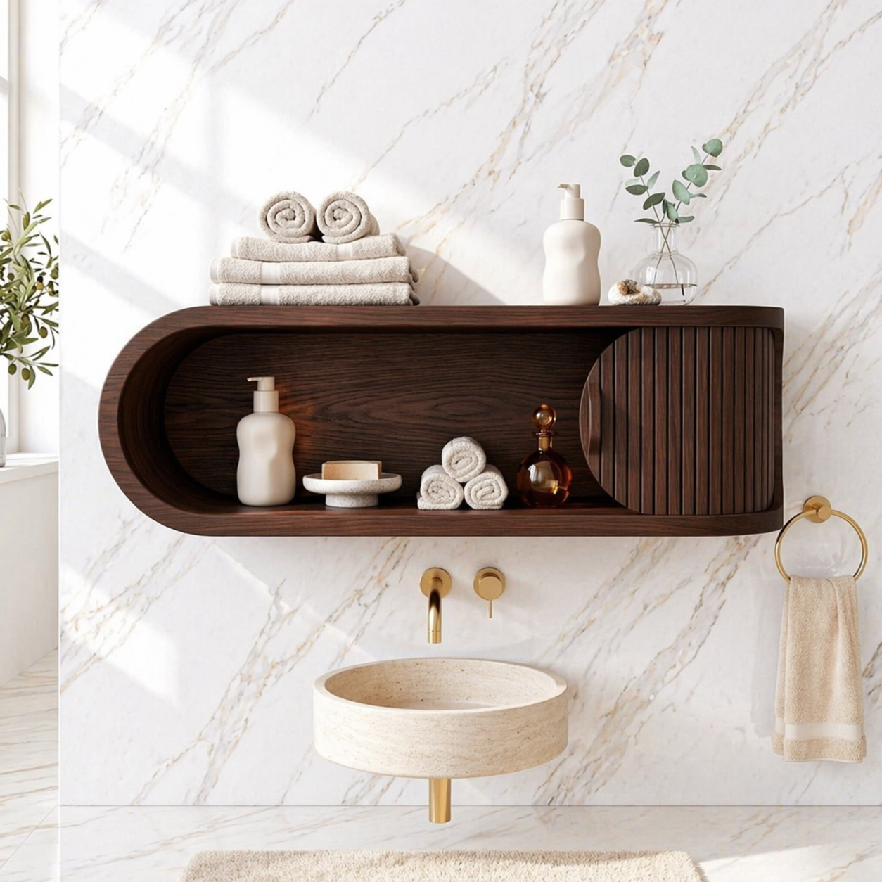 Floating Bathroom Cabinet, Modern Rounded Wall Mounted Vanity Storage Shelf Unit