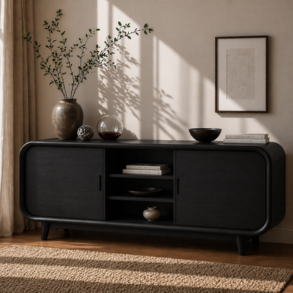Modern Solid Wood Sideboard Cabinet with Sliding Doors & Open Shelf Storage