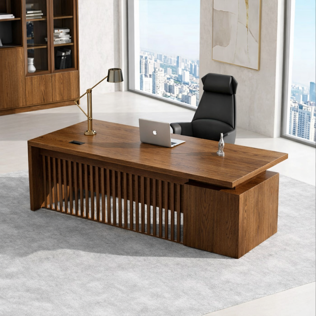Modern Executive Desk with Slatted Panel Base, Minimalist Home Office Workstation Desk