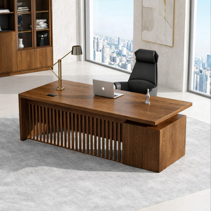 Modern Executive Desk with Slatted Panel Base, Minimalist Home Office Workstation Desk
