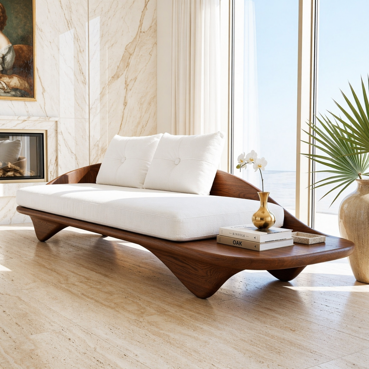 Contemporary Wooden Chaise Sofa, Minimalist Lounge Daybed with Integrated Platform