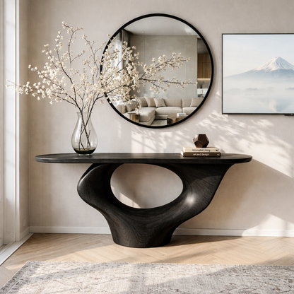 Solid Wood Console Table with Sculptural Base, Modern Minimalist Design