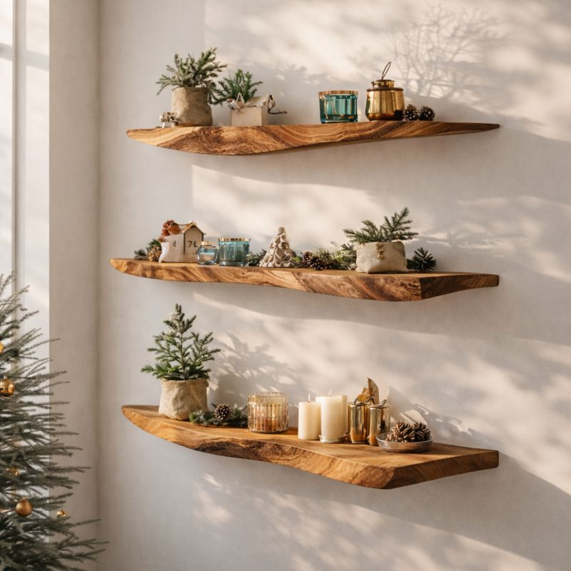Live Edge Floating Wood Shelf - Rustic Natural Edge Wall Bookshelf for Modern Home Decor