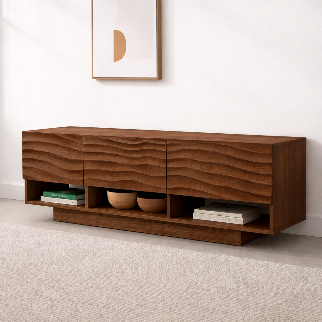 Modern Solid Wood Console Table, Minimalist Oak Media Console Cabinet with Storage Shelves Kitchnce